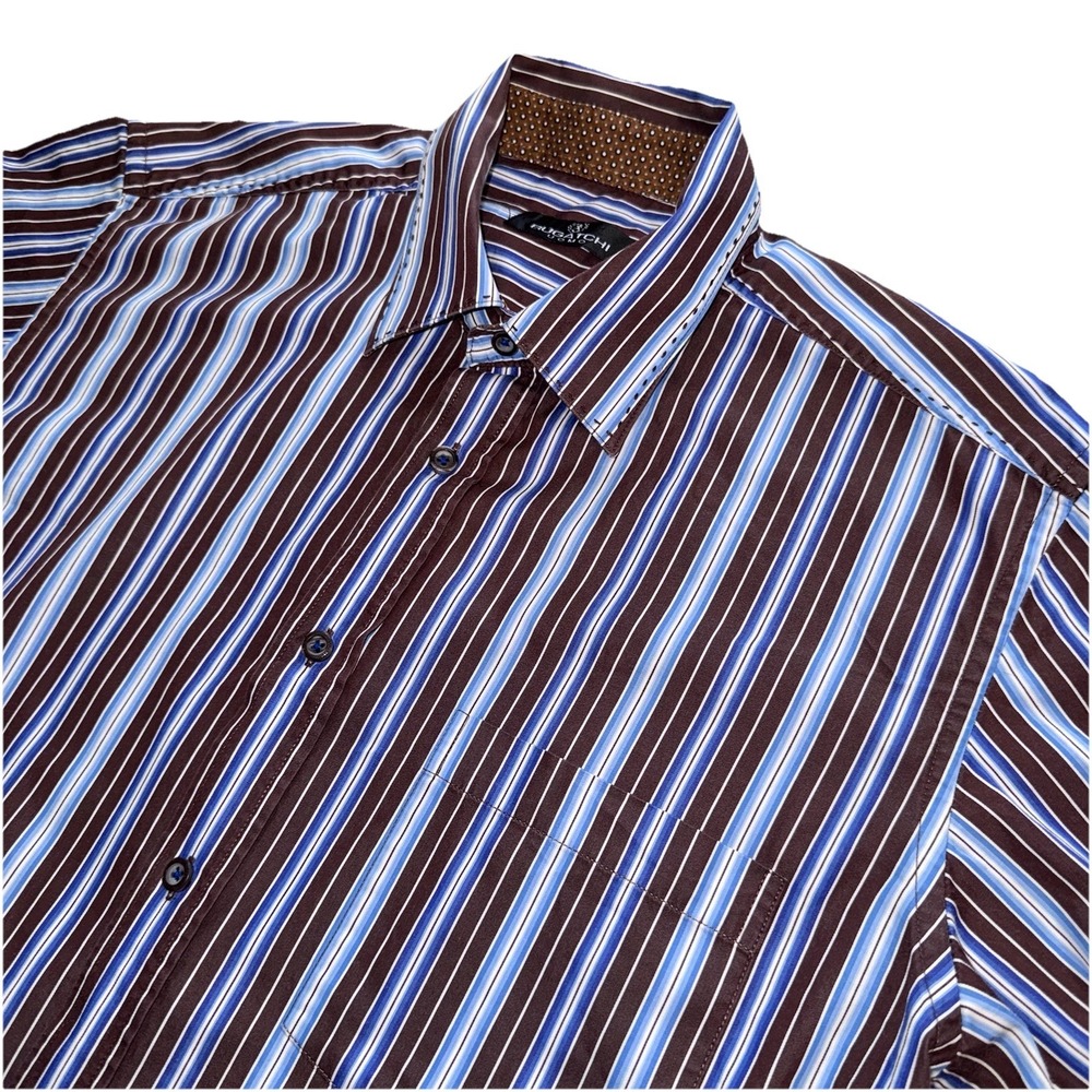 Bugatchi Uomo Mens Shirt Button Up Brown Striped Classic Fit Long Sleeve Sz L - Picture 2 of 11